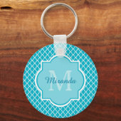 Classy Turquoise Blue Quatrefoil Monogram en naam Sleutelhanger (Voorkant)