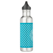 Classy Turquoise Blue Quatrefoil Monogram en naam Waterfles (Links)