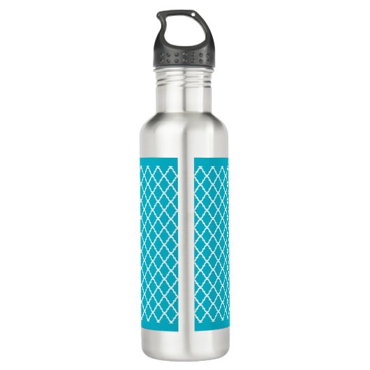 Classy Turquoise Blue Quatrefoil Monogram en naam Waterfles (Achterkant)