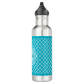 Classy Turquoise Blue Quatrefoil Monogram en naam Waterfles (Rechts)