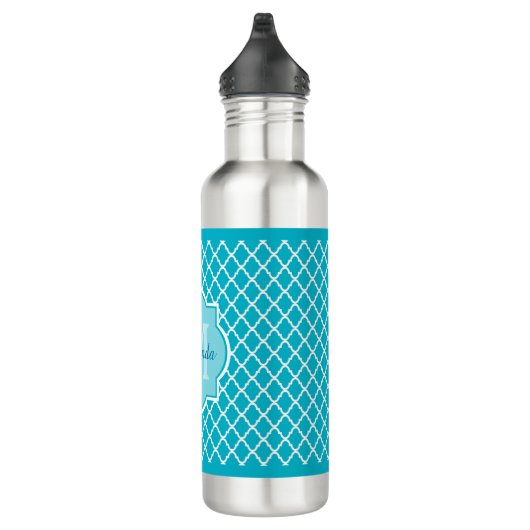 Classy Turquoise Blue Quatrefoil Monogram en naam Waterfles (Rechts)