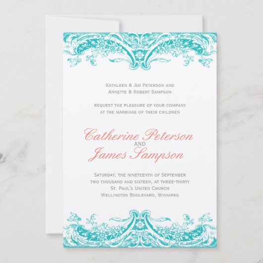 Classy Turquoise en Coral Wedding Invitations Kaart (Voorkant)