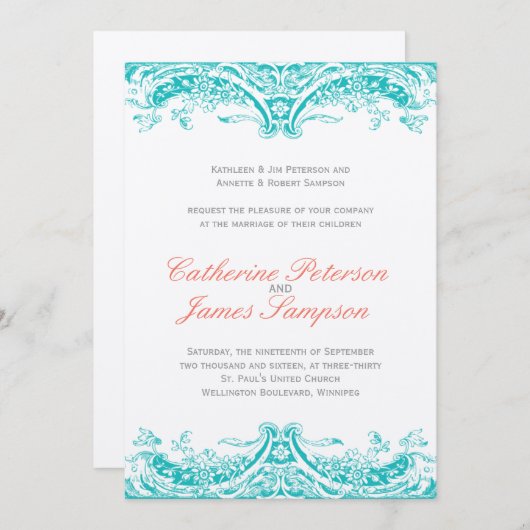 Classy Turquoise en Coral Wedding Invitations Kaart (Voorkant / Achterkant)