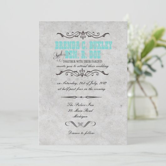 Classy Turquoise Vintage bruiloft uitnodiging (Staand voorkant)