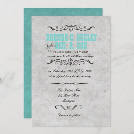 Classy Turquoise Vintage bruiloft uitnodiging (Voorkant / Achterkant)