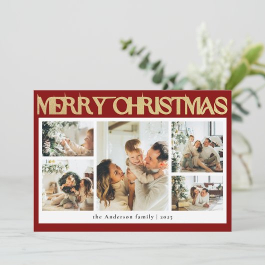 Classy Typography Fotocollage Rode Kerst Feestdagenkaart (Staand voorkant)