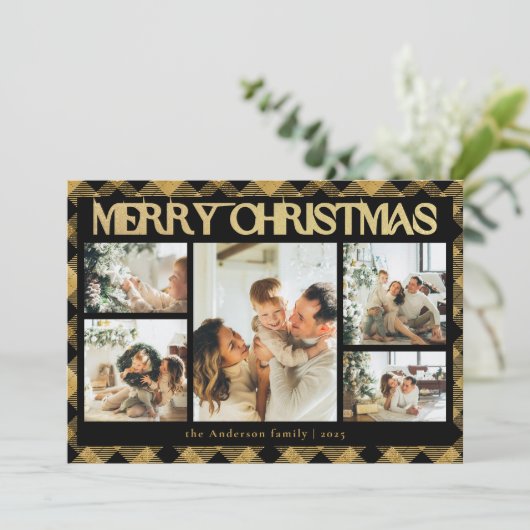 Classy Typography Fotocollage Zwarte Kerstmis Feestdagenkaart (Staand voorkant)