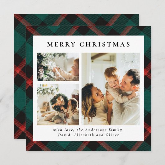 Classy Typography Green Plaid Foto Kerstmis Feestdagenkaart (Voorkant / Achterkant)