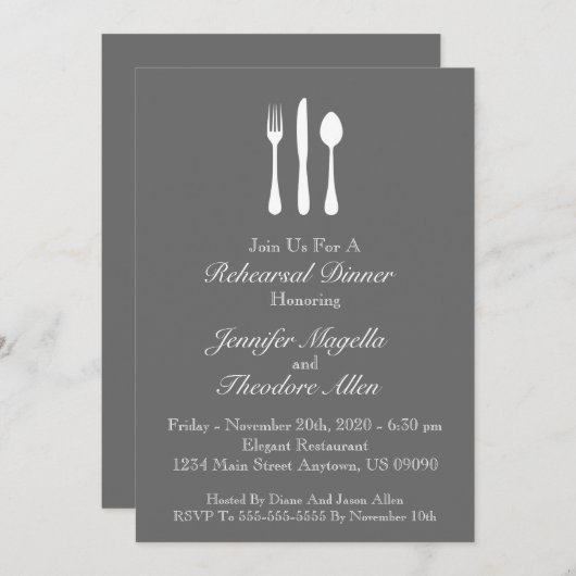 Classy Utensils Rehearsal Dinner Invite (Grijs) Kaart (Voorkant / Achterkant)