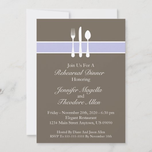 Classy Utensils Rehearsal Dinner Invite (Paars) Kaart (Voorkant)