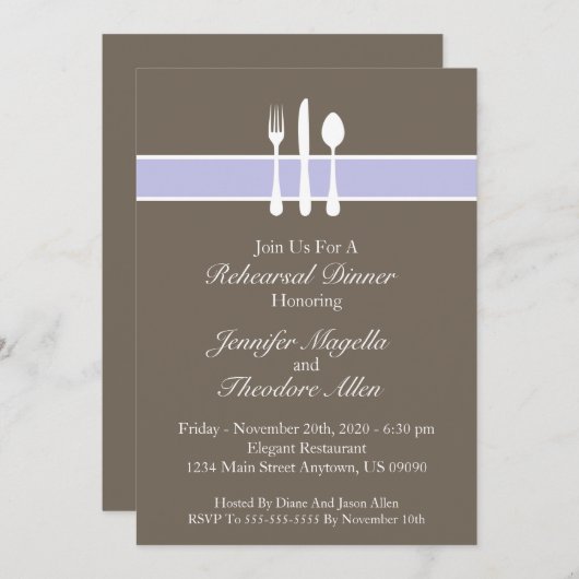Classy Utensils Rehearsal Dinner Invite (Paars) Kaart (Voorkant / Achterkant)