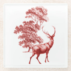 Classy Vintage Red Toile Deer in Forest Glazen Onderzetter