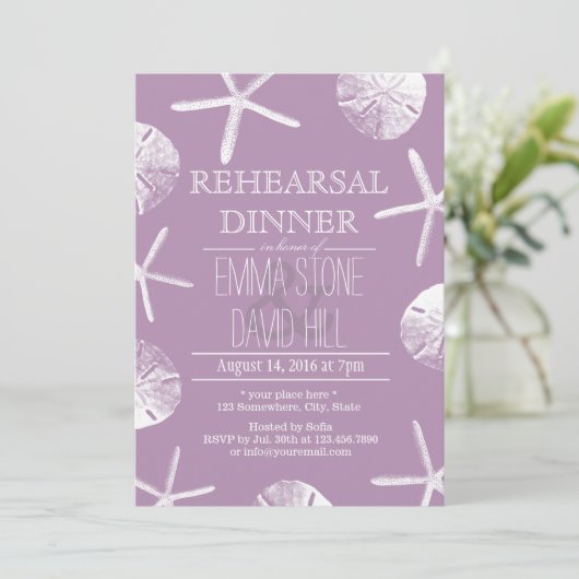 Classy Violet Beach Theme Wedding Rehearsal Dinner Kaart (Staand voorkant)