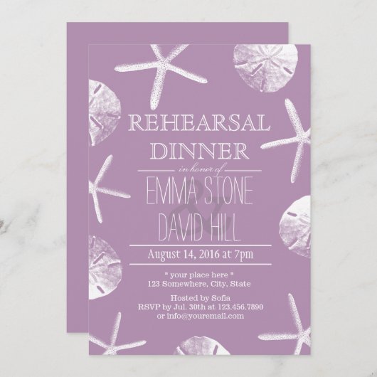 Classy Violet Beach Theme Wedding Rehearsal Dinner Kaart (Voorkant / Achterkant)