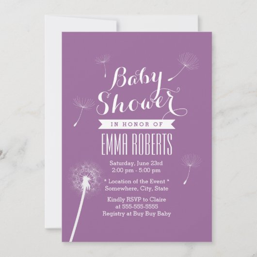 Classy Violet Dandelion Baby Shower-uitnodigingen Kaart (Voorkant)