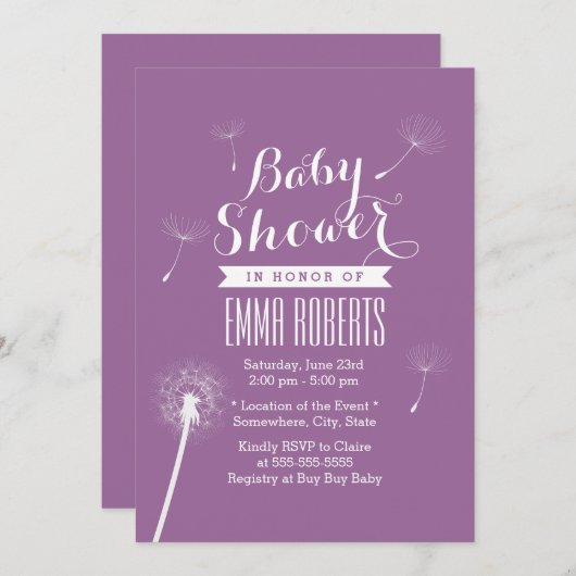 Classy Violet Dandelion Baby Shower-uitnodigingen Kaart (Voorkant / Achterkant)