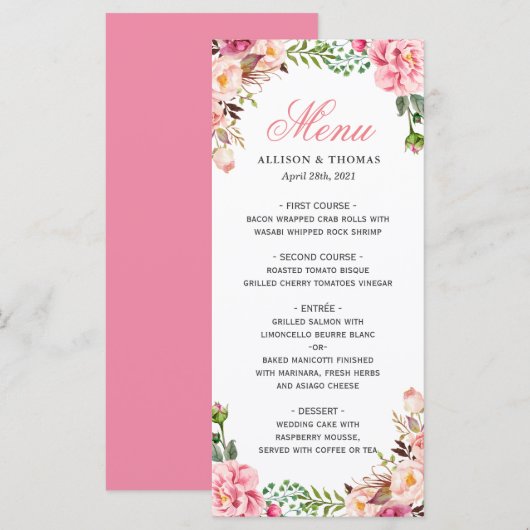 Classy Waterverf Blush Pink Floral Wedding Menu (Voorkant / Achterkant)