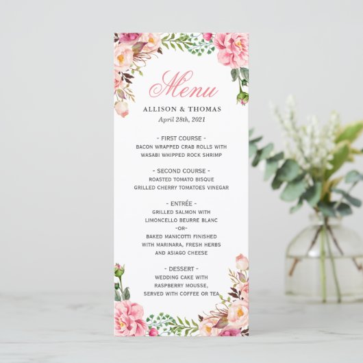 Classy Waterverf Blush Pink Floral Wedding Menu (Staand voorkant)