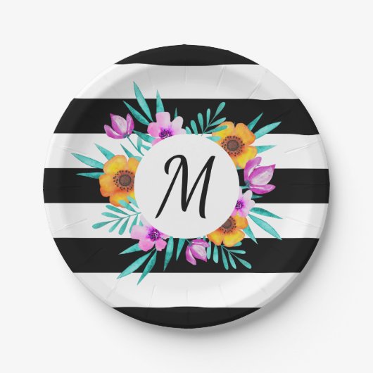 Classy Waterverf Floral gepersonaliseerd monogram Papieren Bordje (Voorkant)