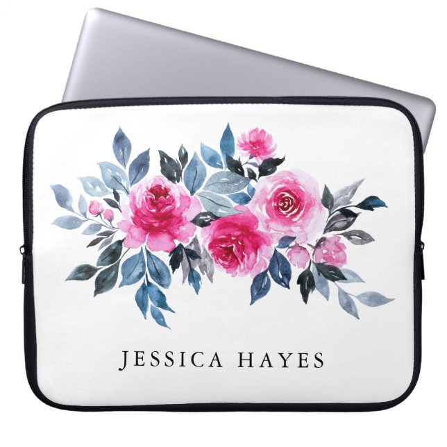 Classy Waterverf Floral Persoonlijke naam Laptop Sleeve (Voorkant)