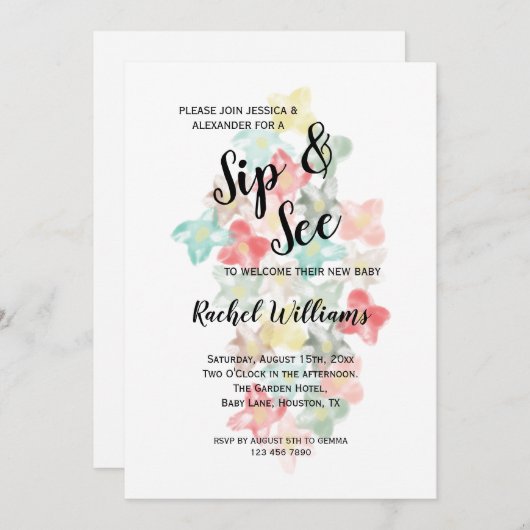 Classy Waterverf Flowers Sip & See Kaart (Voorkant / Achterkant)