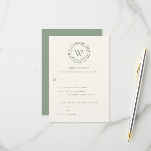 Classy Waterverf Greenery Wreath Monogram w Meal RSVP Kaartje (Voorkant / Achterkant in situ)