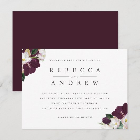 Classy Waterverf Plum Floral Corners Wedding Uitnodiging Briefkaart (Voorkant / Achterkant)