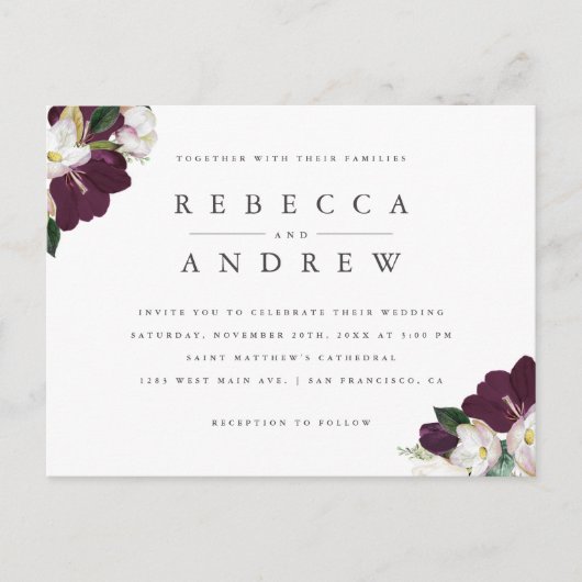 Classy Waterverf Plum Floral Corners Wedding Uitnodiging Briefkaart (Voorkant)