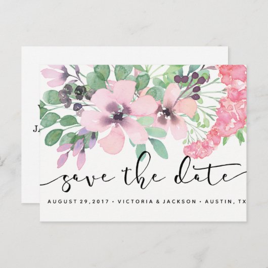 Classy Waterverf Roze bloemetjes bewaren de datum Aankondigingskaart (Voorkant / Achterkant)