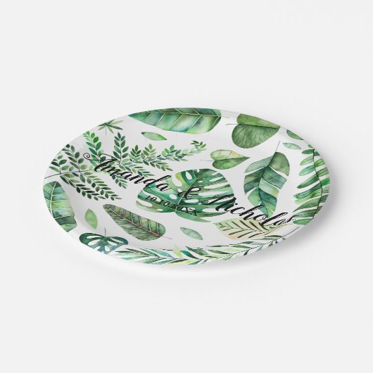 Classy Waterverf tropische bladeren groen Bruiloft Papieren Bordje (Gekanteld)