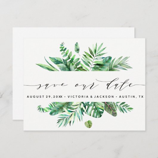Classy Waterverf Tropische Bladeren Save Our Date  Aankondigingskaart (Voorkant / Achterkant)