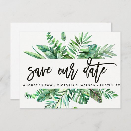 Classy Waterverf Tropische Bladeren Save Our Date  Aankondigingskaart (Voorkant / Achterkant)
