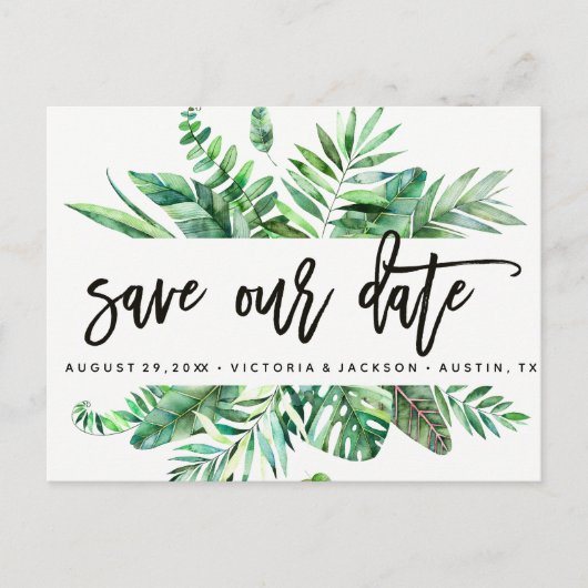 Classy Waterverf Tropische Bladeren Save Our Date  Aankondigingskaart (Voorkant)