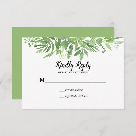 Classy Waterverf wilde weide groen Bruiloft RSVP (Voorkant / Achterkant)