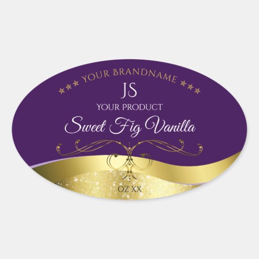 Classy Wavy Gold Decor Donker Paarse Monogram Labe Ovale Sticker (Voorkant)