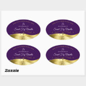 Classy Wavy Gold Decor Donker Paarse Monogram Labe Ovale Sticker (Vel)
