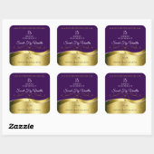 Classy Wavy Gold Decor Donker Paarse Monogram Labe Vierkante Sticker (Vel)