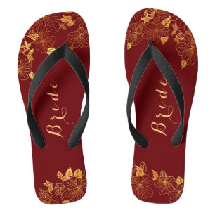 Classy Wedding Bride Deep Burgundy & Gold Foliage Teenslippers