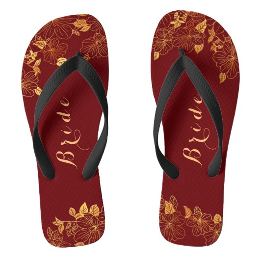 Classy Wedding Bride Deep Burgundy & Gold Foliage Teenslippers (Voetbed)
