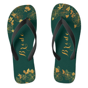 Classy Wedding Bride Emerald Green & Gold Foliage Teenslippers