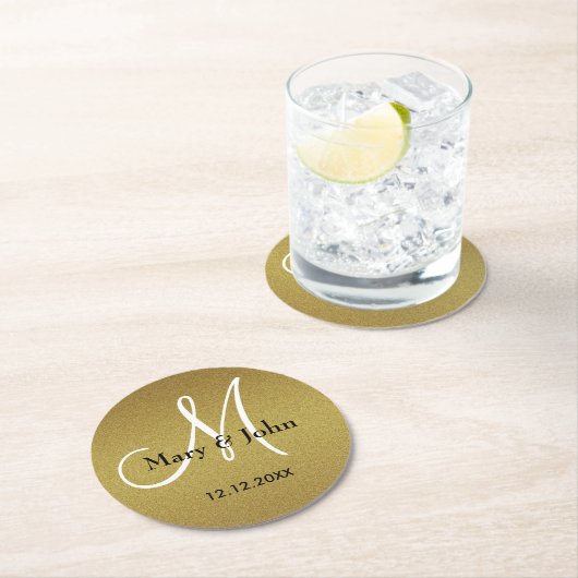 Classy Wedding Monogram Glitter Gold Ronde Kartonnen Onderzetter (Insitu)