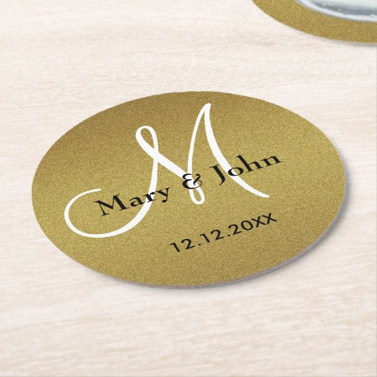 Classy Wedding Monogram Glitter Gold Ronde Kartonnen Onderzetter (Gebogen)