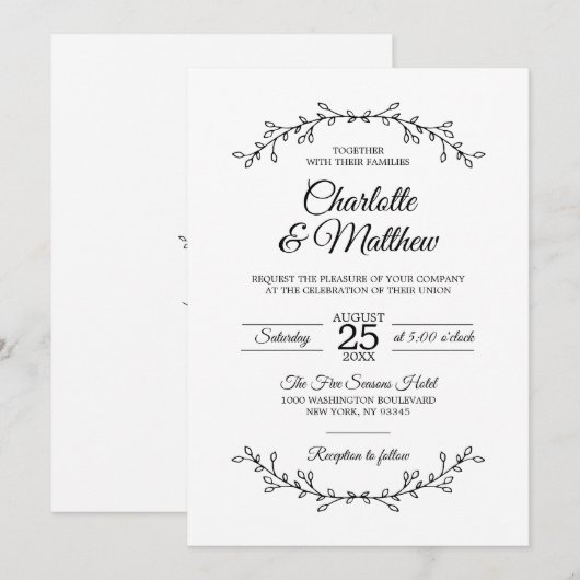 Classy White Black Laurel Wreath Branches Wedding Kaart (Voorkant / Achterkant)