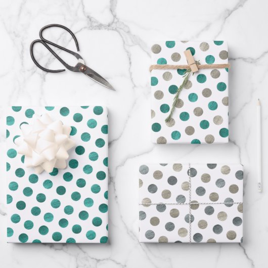 Classy White Blauwgroen en Silver Polka Dots Moder Inpakpapier Vel (Voorkant)
