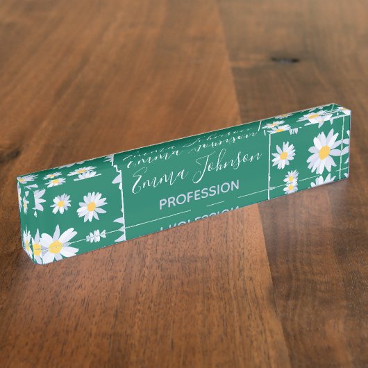 Classy White Daisy Flowers Botanisch Groen design Naambordje (Zijkant)