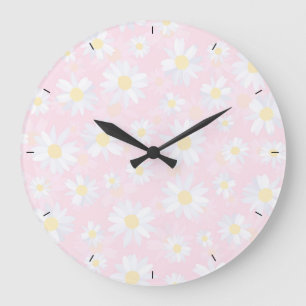 Classy White Daisy Flowers botanisch roze design Grote Klok