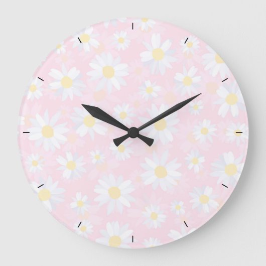 Classy White Daisy Flowers botanisch roze design Grote Klok (Voorkant)