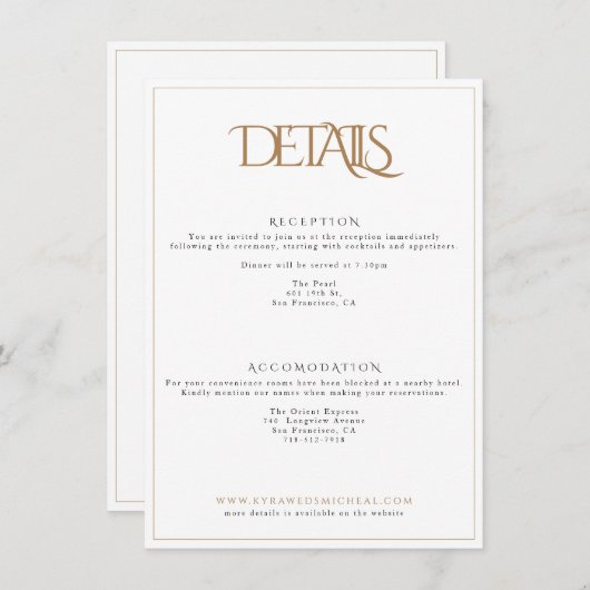 Classy White en Gold Monogram Typography Wedding Informatiekaartje (Voorkant / Achterkant)