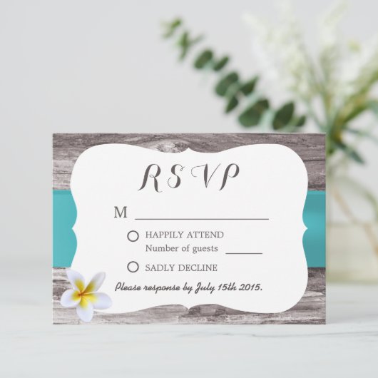 Classy White Frangipani Blue Wedding RSVP (Staand voorkant)
