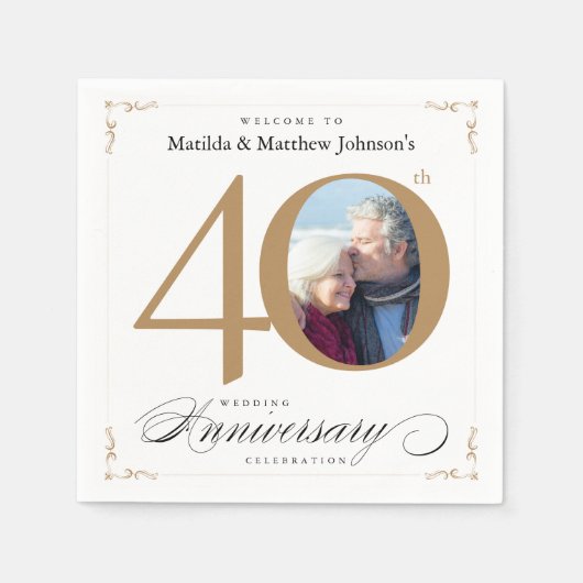Classy White Gold Calligraphy 40th Jubileum Servet (Voorkant)